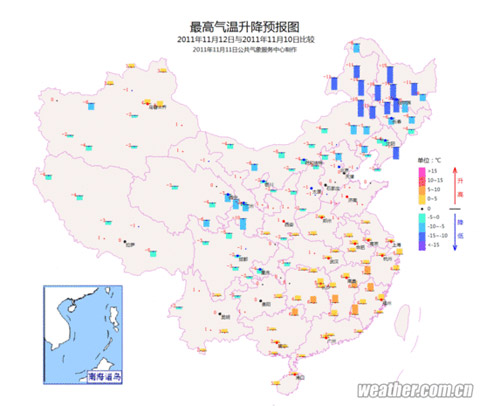 12日最高气温升降预报图